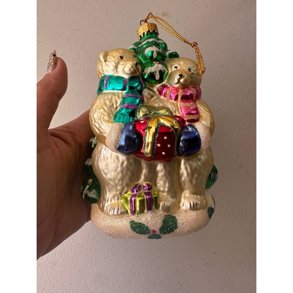 Vintage Polar Bears Couple Present Glass Blown Traditional Christmas Ornament